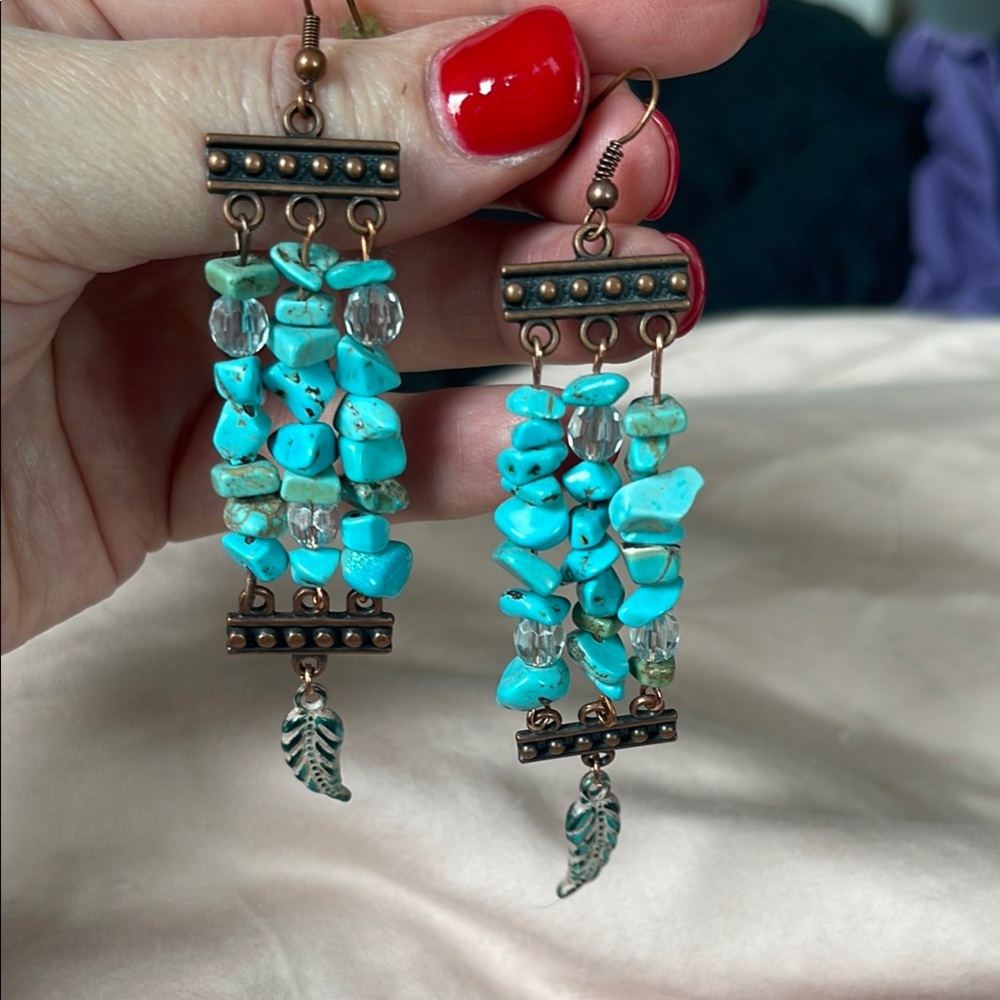 Turquoise Beaded Earrings with Leaf Charm {one of a kind}